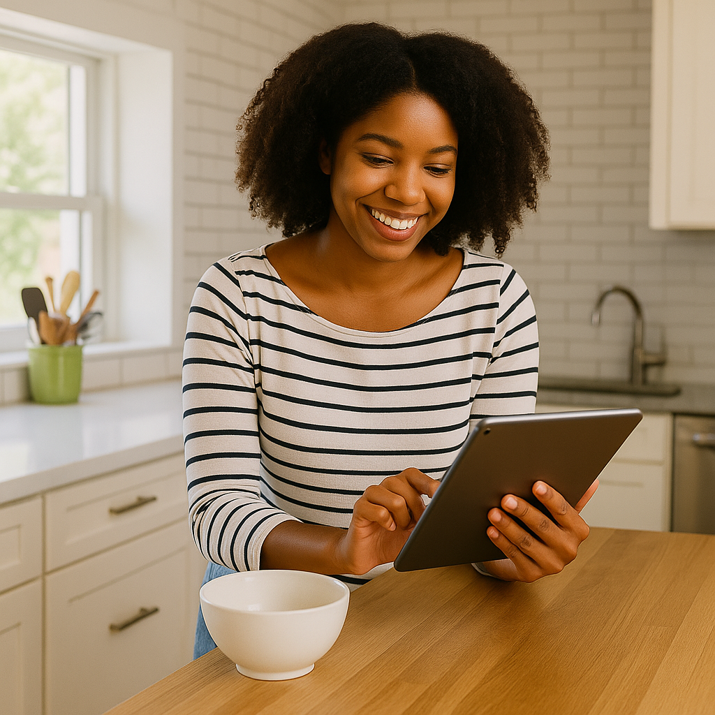 Woman using tablet while having breakfast in kitchen