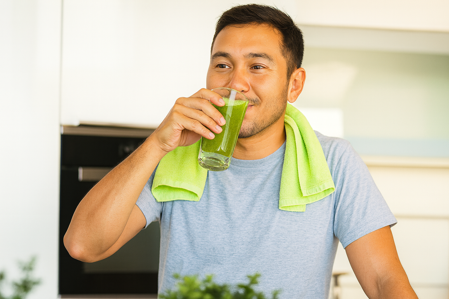 Man drinking green smoothie in kitchen after workout