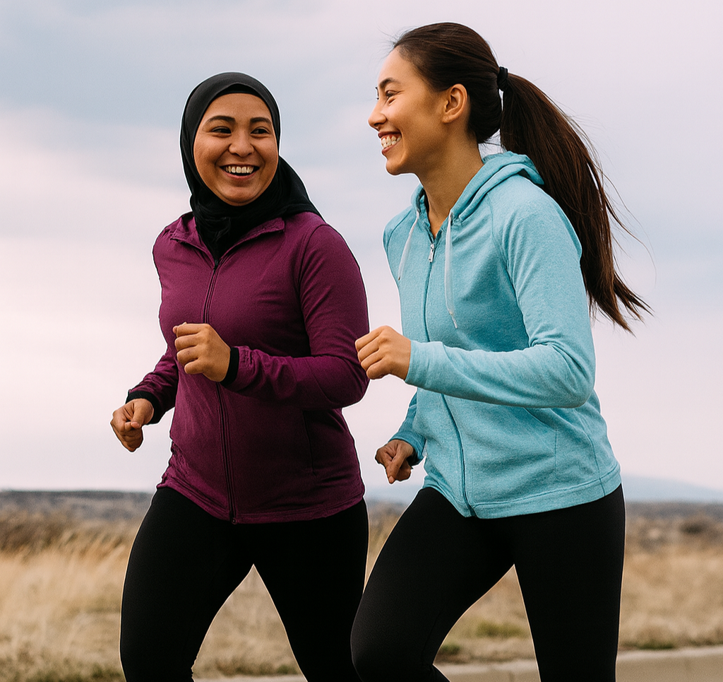 Two women jogging together outdoors