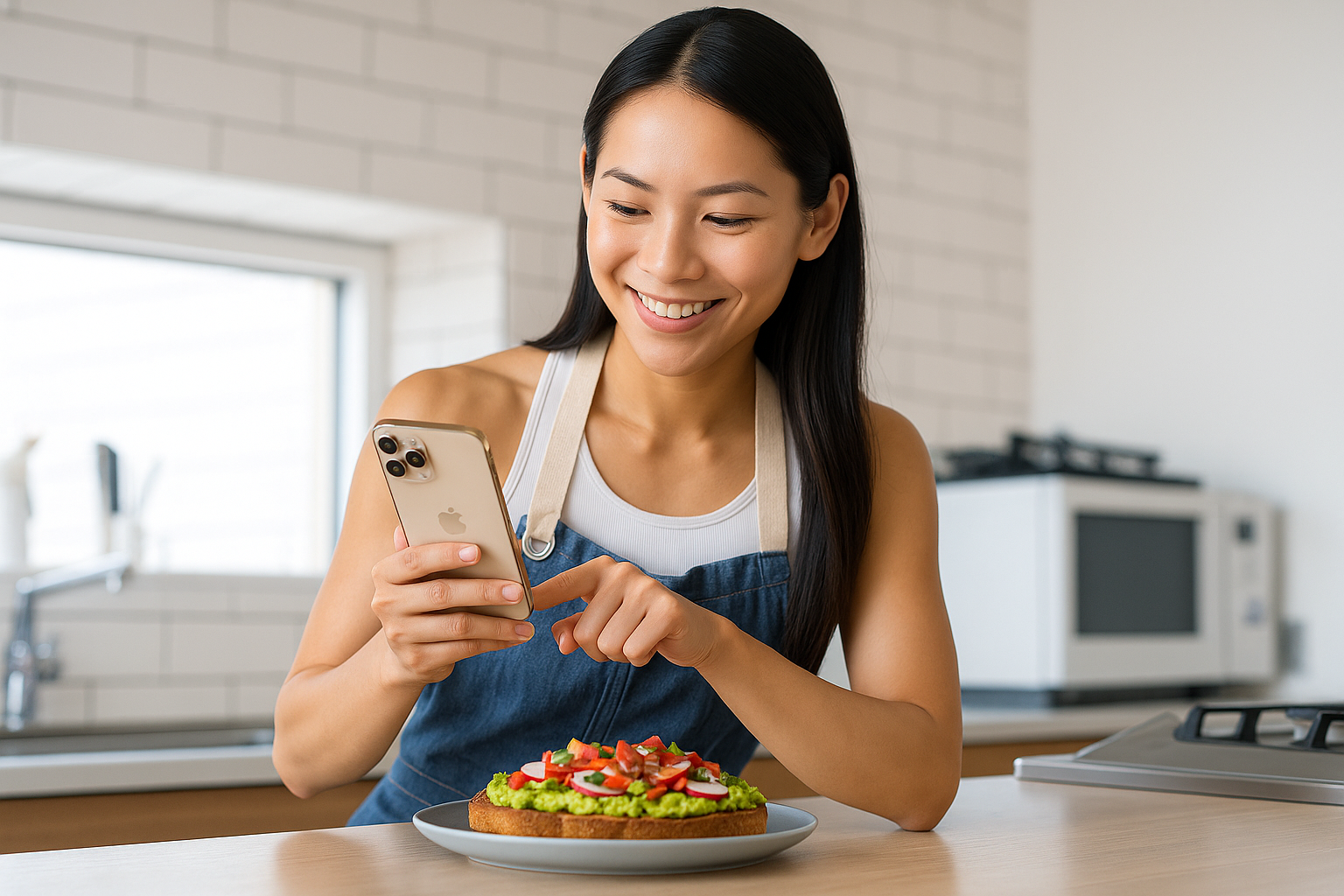 Woman photographing healthy avocado toast in modern kitchen